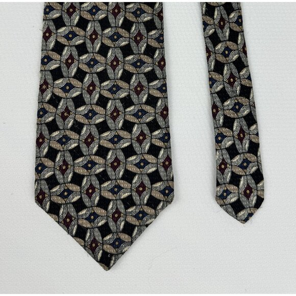 JT Beckett Mens Necktie Black Tan and Burgandy Geometric 100% Silk USA 4 x 59 in - Picture 1 of 7